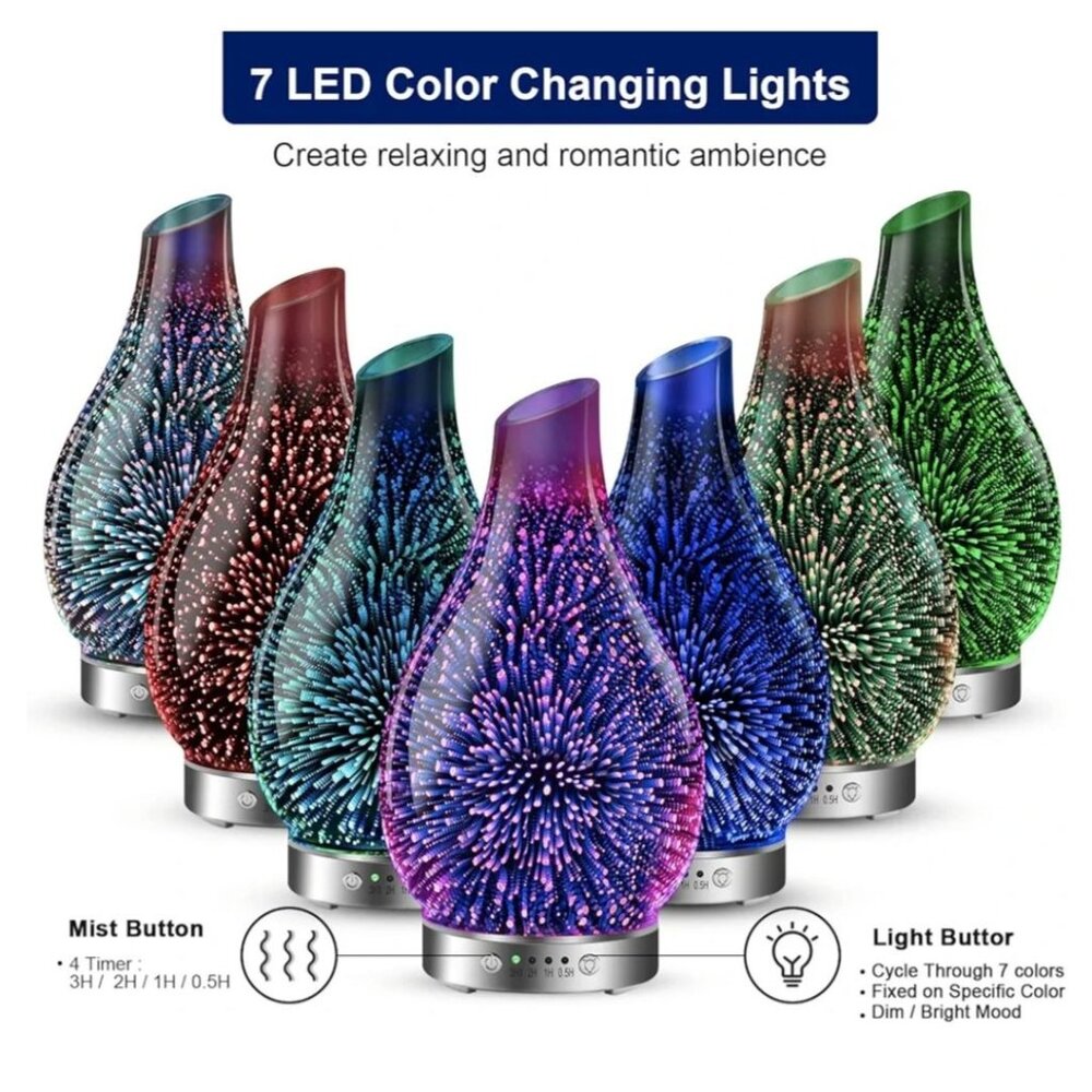 Essential Oil Diffusers Ultrasonic 3D Glass Aromatherapy Diffuser, Auto Shut-Off